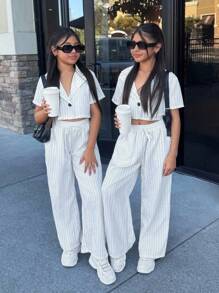 SHEIN Nova Glow Tween Girls Woven Solid Color Lapel Neck Short Sleeve Jacket And Straight-Leg Pants Casual Outfit Set - White - View 8