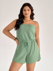 SHEIN LUNE Plus Size Sage Green Summer Casual Beach Holiday Strapless Romper, Solid Sleeveless Cinched Waist Jumpsuit,Tube Top Lounge Romper For Women - Mint Green - View 6