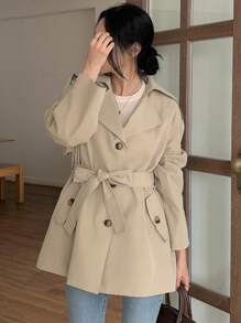 DAZY 女士腰带翻领中长款宽松休闲风衣外套秋冬 - 卡其色 - 查看 4