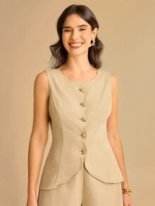 CAJUNI Blusa de mujer sin mangas con decoración de estrella de mar metálica en color albaricoque, top beige para mujer, top neutro para mujer, top con botones, top sin mangas para mujer, top casual de negocios para mujer, ropa de otoño para mujer - Caqui - Ver 4