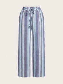 SHEIN Essnce 3 件套女士休闲腰带口袋直筒裤套装，适合夏季，条纹面料 - 彩色 - 查看 10
