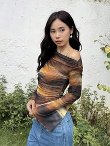 SHEIN Vintage Ombre Leopard Print Off Shoulder Flare Sleeve Elegant T-Shirt For Teen Girls