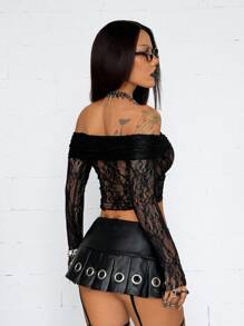 Coolane 女士夏季音乐会狂欢节外出文艺复兴博览会 Y2K 蕾丝露肩短款 T 恤 - 黑色 - 查看 3