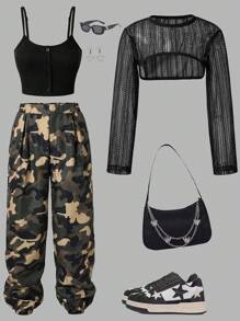 SHEIN Teen Girls Crop Mesh Top & Cami Top & Camo Print Pants - Multicolor - View 1