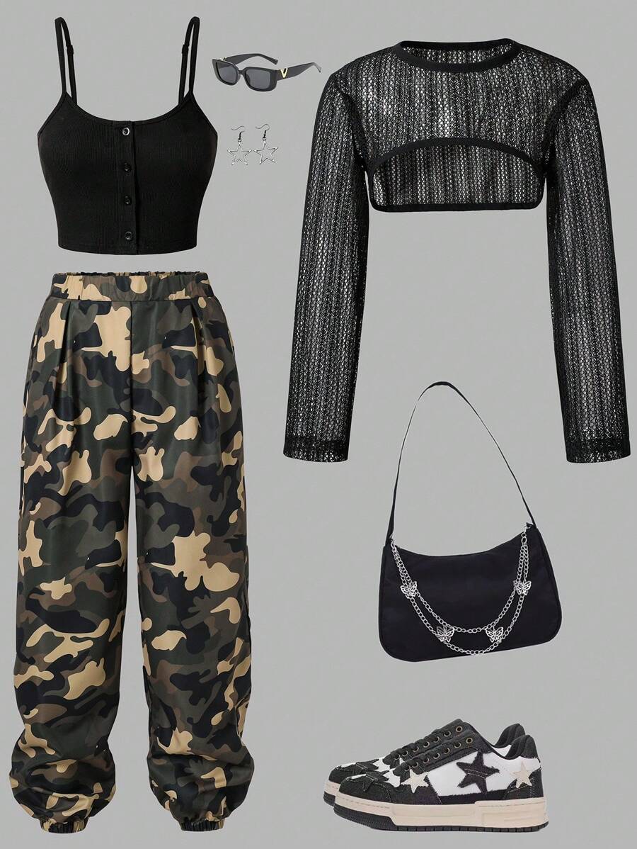 SHEIN Teen Girls Crop Mesh Top & Cami Top & Camo Print Pants - Multicolor - View 1