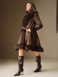 Anewsta Women's Fluffy Fur Collar Belted Faux Fur Jacket, Autumn/Winter - Brown - View 5