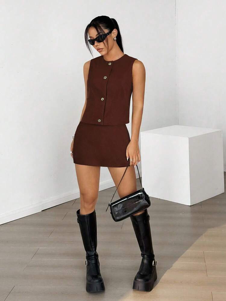 SHEIN EZwear Conjunto casual de 2 piezas de chaleco marrón café de abotonadura sencilla y falda para mujer - Café integral - Añade 3