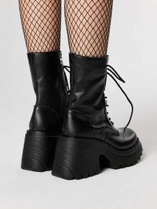 ROMWE Goth Women's Thick Sole Chunky Heel Casual Mid-Calf Boots, Versatile For Daily Wear - Black - View 5