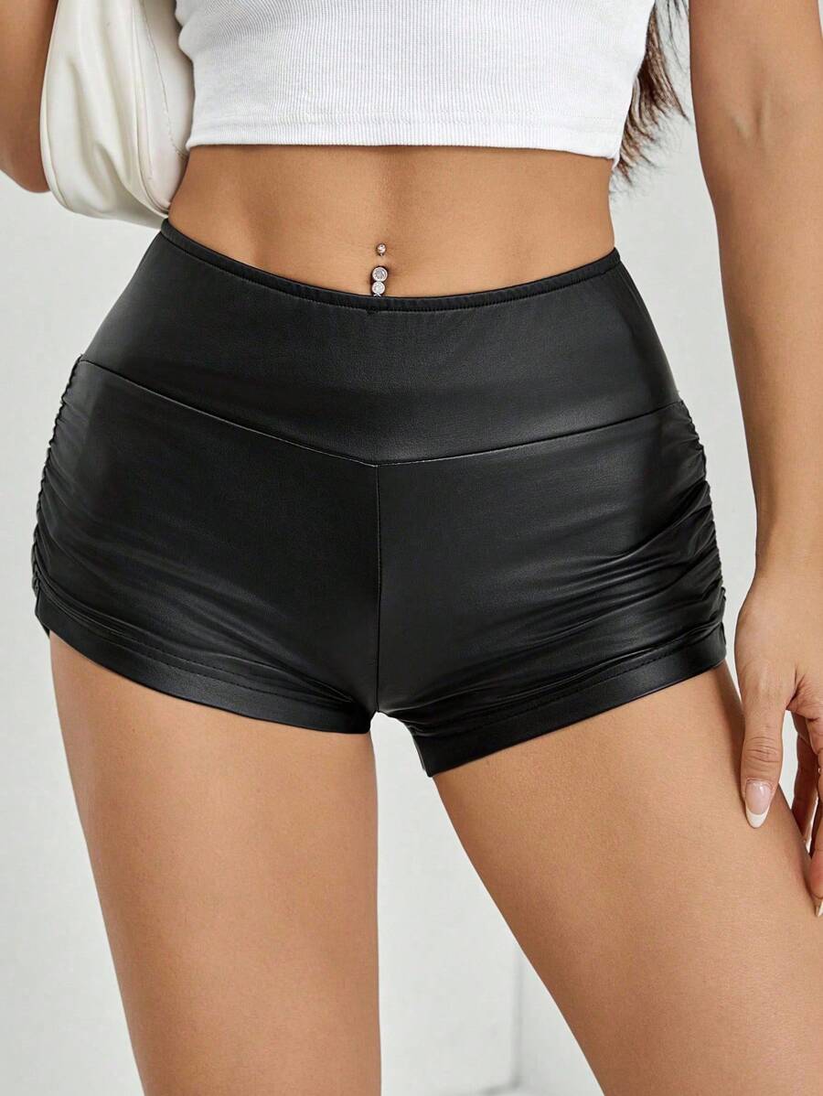 SHEIN PETITE 女士纯色褶皱黑色 PU 皮革短款紧身裤 - 黑色 - 查看 1