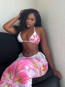 Alexandranx Bộ đồ bơi 3 món mùa hè 2025 bikini tam giác dây mảnh, quần buộc dây bên hông và áo choàng lưới dài cho nữ - trắng - Xem 6