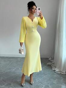 Elenzga Women's Pearl Button Decor Pleated Sleeve Cinched Waist Fishtail Hem Elegant Everyday Commute Long Sleeve Yellow Dress Fall Cloth For Women