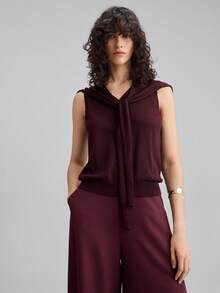 Ontre Elegant Style, Minimalist Design, Wine Red, Knitted Shawl, V-Neck Sleeveless Knit, Knit 2 In 1, Fitted Silhouette, Women's Knit Two Pieces Set, Women's Knit Top, Autumn Clothing, Everyday Wear, Casual Wear, Business Casual Burgundy Purple Christmas Modern Urban Casual Fashion Business Casual Women's Office Wear Low-Key Old Money Style Effortless Temperament High-End Urban Commuting High-Quality Airport Women's Wear High-End Material - Burgundy - View 4