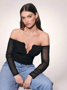 Maija Women's Elegant Ruched Neckline And Mesh Long Sleeve Plus Size Bodysuit - Black - View 5