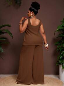 Slaydiva 2025 Neue Frühling/Sommer Damen Große Größen Vintage Western/Tropical/Musik Festival/Club/Roadtrip//Lässige Straße/Stadt Urlaub/Abschlussfeier Outfit 2-teiliges Set - Ärmellose Bluse mit U-Ausschnitt und strukturierter transparenter Bluse mit elastischer Taille und weite Hose - Braun - Übersicht 2
