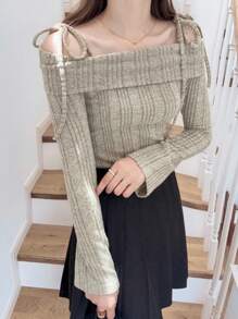 FRIFUL 女式杏色纹理露肩系带肩宽松长袖休闲修身T恤，秋季