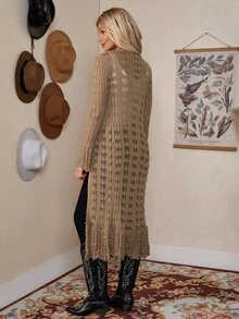 LanaWest 女式休闲修身 V 领长袖针织喇叭袖口长款开衫，棕色，春秋季 - 棕色 - 查看 2