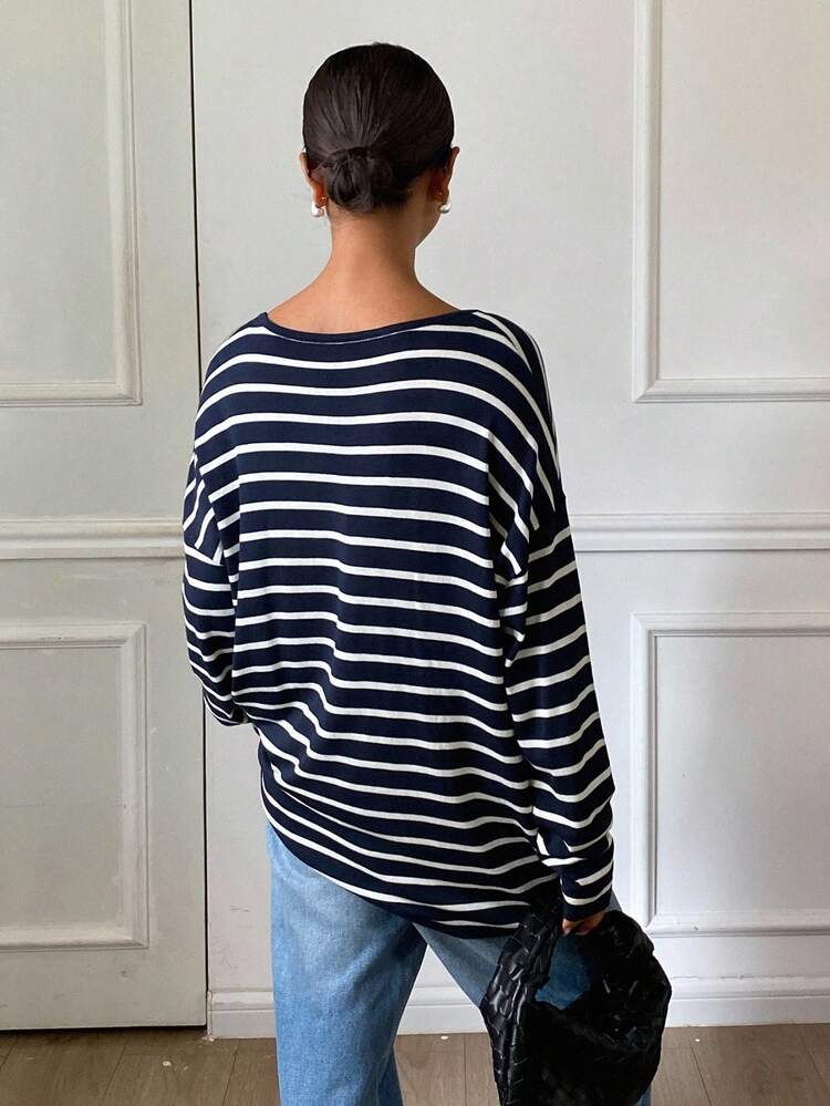 Loose Contrast Stripe V-Neck Long Sleeve Casual Vintage Pullover Sweater For Women, Autumn/Winter