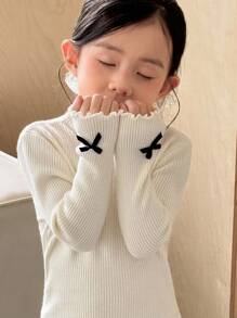 SHEIN Young Girls Stand Collar Loose Casual 3D Bowknot Decorated Sweater Yarn, Girls Clothing, Toddler Sweaters, Girls Winter Clothes, Girls Sweaters, Cute Girls Sweater, Sweater With Bows On Sleeves Fall - Apricot - View 4