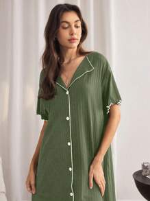 SHEIN Contrast Trim Black Jacquard Shawl Collar Short Sleeve Robe - Green - View 3