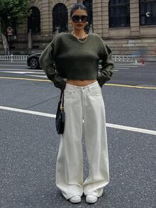 DAZY Loose Fit Cropped Pullover Sweater For Women, Versatile New Style Fall - Army Green - View 7