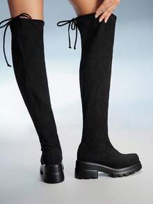 CUCCOO GRLICON Women's Round Toe Platform Thick Sole Black Suede Slip-On Boots, Fashionable Minimalist Comfortable For Daily Wear And Party - Black - View 5