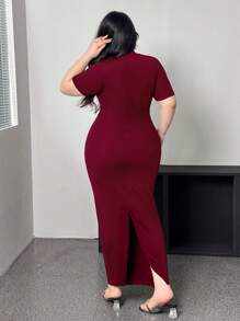 Flirla 大码女式V领纯色收腰侧开衩短袖紧身性感连衣裙，春季 - 酒紅色 - 查看 2