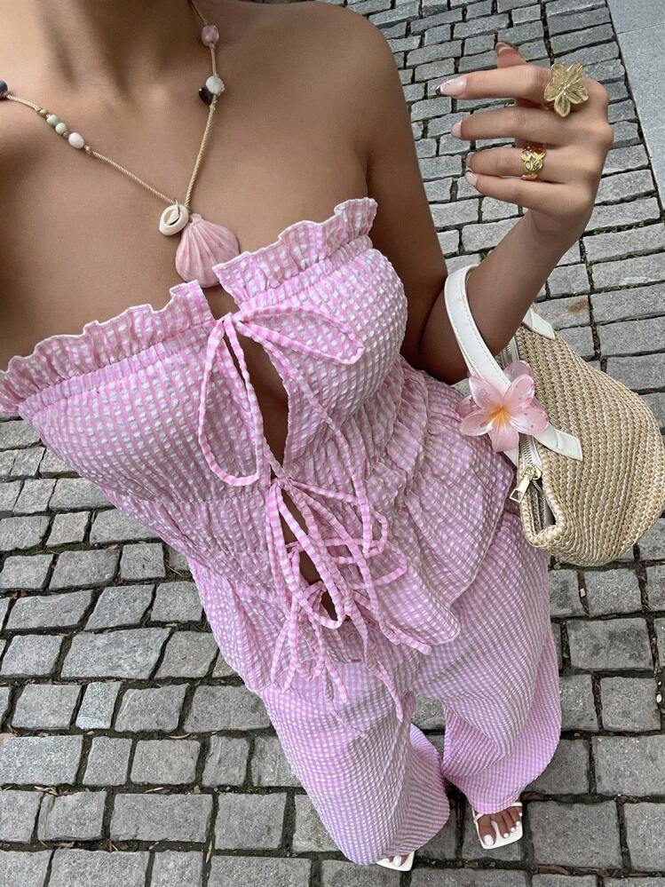 SHEIN PETITE 女士短款套装格子抹胸阔腿裤宽松版型系带设计休闲度假两件套 - 粉色 - 查看 1