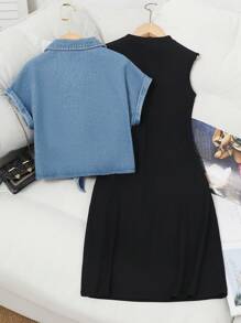 Sparklyn 2pcs/Set Tween Girls Blue Washed Twist Denim Cropped Top + Black Knit Camisole Dress, Casual Versatile Outfit - Black - View 2