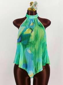 Amplova 花卉印花褶饰不对称下摆休闲背心 - 綠色 - 查看 3