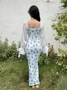 SHEIN Teen Girl Ditsy Floral Ruffle Hem Mermaid Dress Fall Winter - Blue and White - View 2