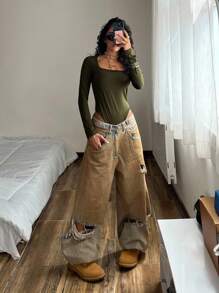 StreetHx 女士长袖紧身衣，棕色，修身剪裁，简约百搭，通勤适用 - 軍綠色 - 查看 4