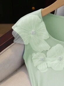 Elenzga 优雅蓝色3D花卉装饰女式T恤 - 綠色 - 查看 5