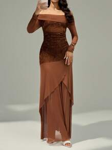 Modelyn 女士纯色刺绣露肩优雅中长连衣裙，时尚、休闲、优雅的女士秋季连衣裙，适合派对、生日和晚会，万圣节服装，以及适合妈妈的连衣裙。时尚、优雅的女士亮片印花植绒面料和弹力面料连衣裙。 - 棕色 - 查看 7