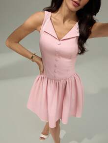 Modelyn Women's Elegant Solid Color Contrast Lace Button Decor Summer Dress, Fashionable, Casual, And Elegant Autumn Back-To-School Dress For Parties, Birthdays, And Evening Events, Halloween Costumes, And Dresses Perfect For Moms