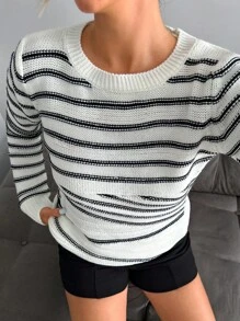 SHEIN Tall Women's Striped Crew Neck Long Sleeve Casual Pullover Frenchy Black And White Color Sweater,Jumper,Cream Jumper,Jumpers,Womens Jumper,Women's Jumper,Women's Jumpers,Winter Clothes