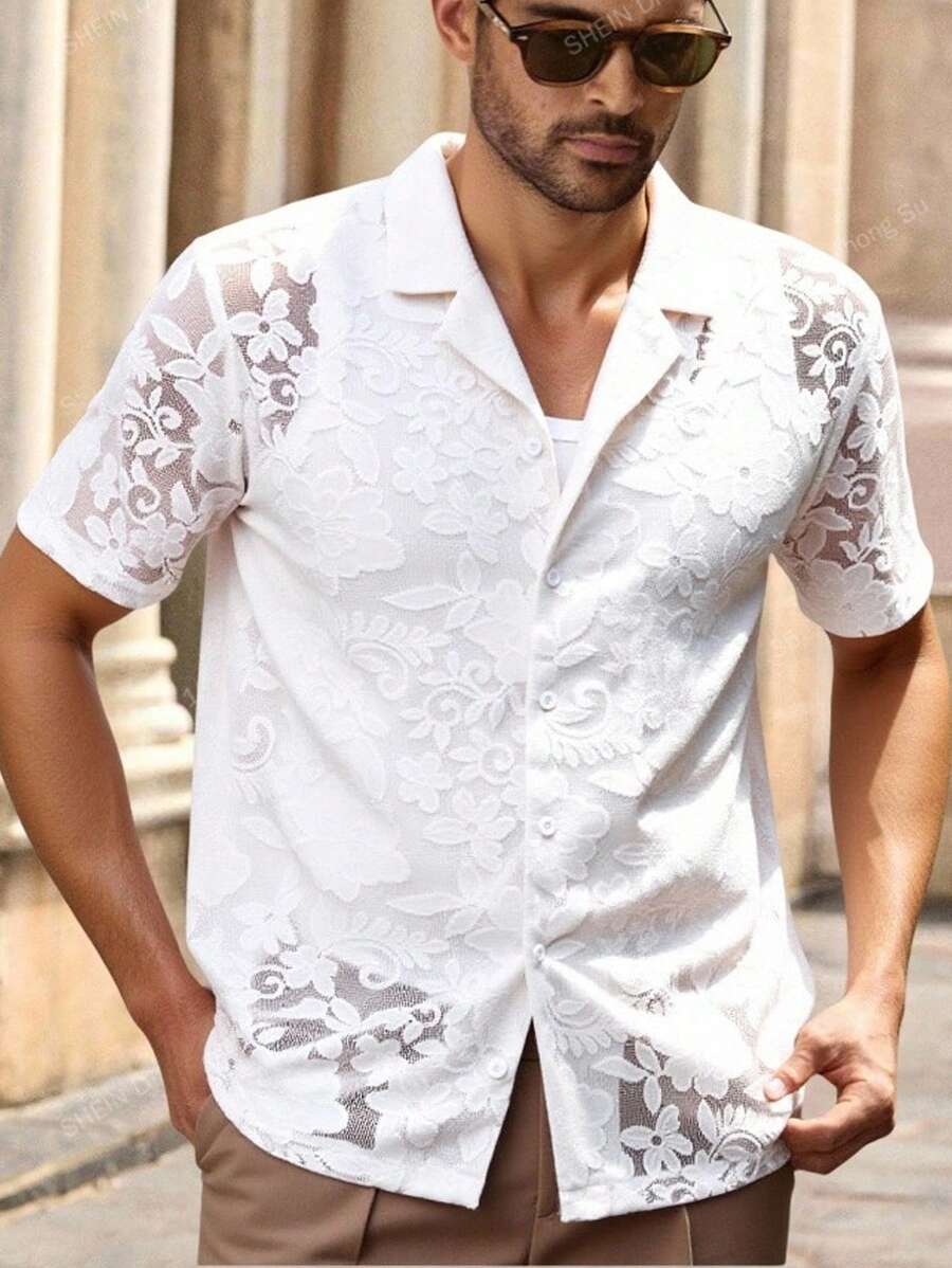 Manfinity VCAY 男士刺绣针织衬衫，适合度假 - 杏色 - 查看 1