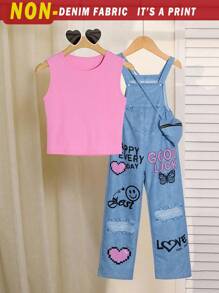 Tween Girl Casual Street Style Denim Effect Overalls Tank Top Two-Piece Set - Multicolor - View 1