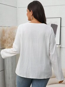 EMERY ROSE Áo sơ mi nữ cổ tròn tay dài cài nút màu trơn màu trắng cỡ lớn, thường ngày mùa thu/đông, đi chơi, mới 2025, mùa thu, tiệc tùng toàn màu trắng - trắng - Xem 4