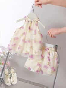 SHEIN Bộ 2 món áo không tay và quần short vải voan thêu hoa trang trí nơ 3D cho bé gái, ngọt ngào và tràn đầy năng lượng cho mùa hè - Màu tím - Xem 2