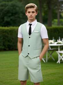 SHEIN 2pcs/Set Teen Boy Gentleman Suit, Mint Green Chest Panel Contrast Slim Fit Vest + Shorts, Elegant Formal Outfit For Birthday, Wedding, Graduation, Party, Wedding Guest, Pageboy, Ring Boy, School, Campus, College - Mint Green - View 3