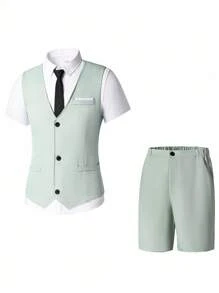 SHEIN 2pcs/Set Teen Boy Gentleman Suit, Mint Green Chest Panel Contrast Slim Fit Vest + Shorts, Elegant Formal Outfit For Birthday, Wedding, Graduation, Party, Wedding Guest, Pageboy, Ring Boy, School, Campus, College - Mint Green - View 5