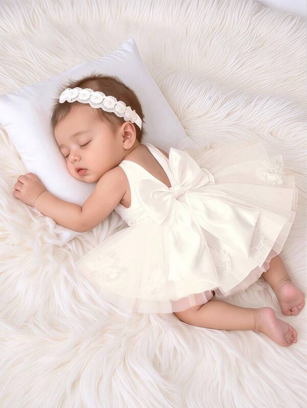 SHEIN Conjunto de fotografía para recién nacidos, vestido de tutú de unicolor con decoración de lazo, sin mangas, de moda