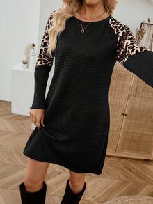 EMERY ROSE 女士休闲豹纹插肩袖卫衣豹纹连衣裙长袖连衣裙黑色休闲连衣裙动物印花连衣裙猎豹印花连衣裙秋冬 - 彩色 - 查看 1