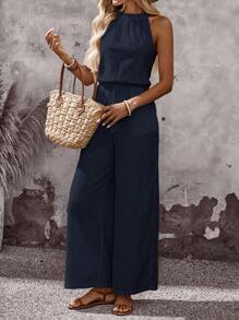EMERY ROSE Women's Vacation Solid Color Pleated Waist Tassel Tie Pocket Wide Leg Loose Casual Jumpsuit Navy Blue Jumpsuit Women Halter Jumpsuits For Women Women Jumpsuits Summer Casual Jumpsuits For Women Summer Jumpsuits For Women - Blue - View 3