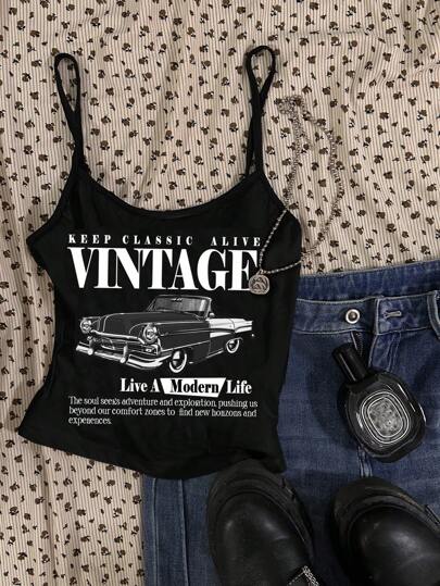 Attitoon Vintage Car Print Women's Casual Sexy Camisole, Suitable For Summer Vintage Tank Top Back To School