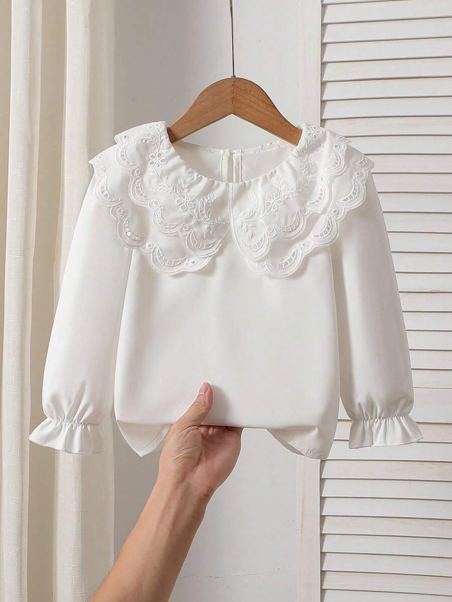 Sparklyn Blusa casual da principessa con colletto Peter Pan, doppio strato, con ricamo e bordo in pizzo, manica lunga, adatta per il ritorno a scuola, divisa scolastica, vacanze, feste, regali di compleanno, primavera e autunno