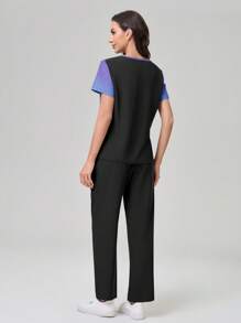 TaskEZ 渐变色 V 领短袖口袋上衣和裤子手术服套装 - 彩色 - 查看 3