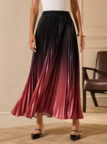 Lilora 女士优雅渐变黑红棕百褶裙，时尚优雅，春夏 - 彩色 - 查看 5