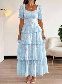 Vionelle 女士加大码优雅度假方领蝴蝶结露背多层荷叶边蝴蝶袖连衣裙 - 藍色 - 查看 4