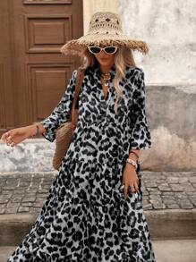 Brillora 女式梭织印花短袖长裙 - 黑色 - 查看 7